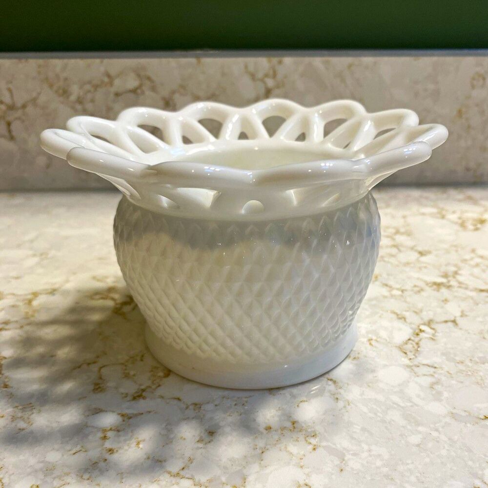 White Milk Glass Diamond Pattern Lace Edge Round Bowl Pressed Glass 5\" Dia 3\"